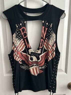 Forever 21 Black Eagle Flag Lace-Up V-Cut Tank